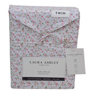 Laura Ashley Twin Cotton Percale Floral Sheet Set Pink Green Flowers